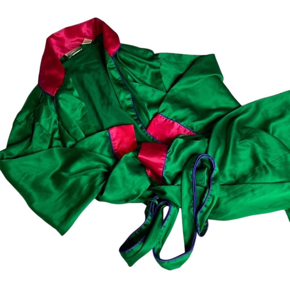 Victoria's Secret Robe Green Pink Satin Kimono Style Wrap Sleepwear P/S